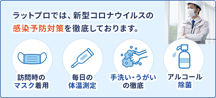 ラットプロでは、新型コロナウイルスの感染予防対策を徹底しております。