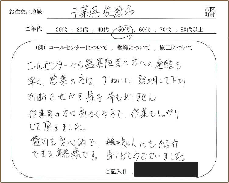 佐倉市にお住まいの方からいただいたアンケート